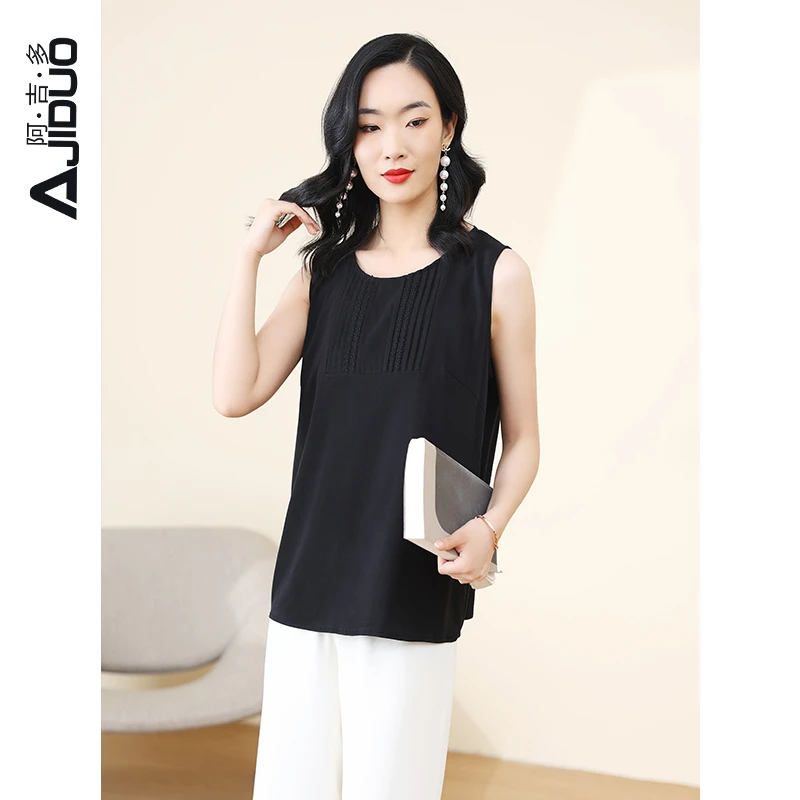 阿吉多铜氨丝黑色吊带背心女内搭2024新款时尚百搭压褶外穿上衣