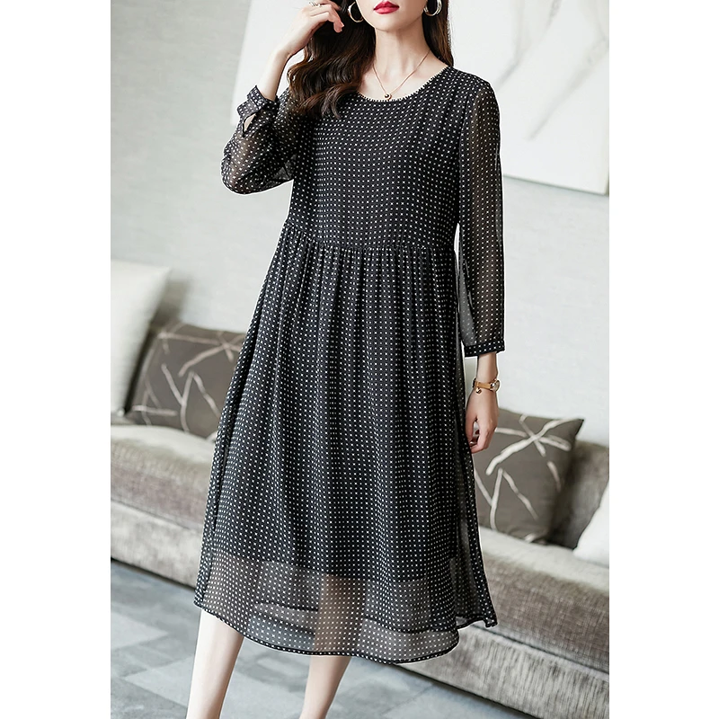 阿吉多法式锁骨连衣裙长袖春秋2024年新款女高档人丝印花波点长裙