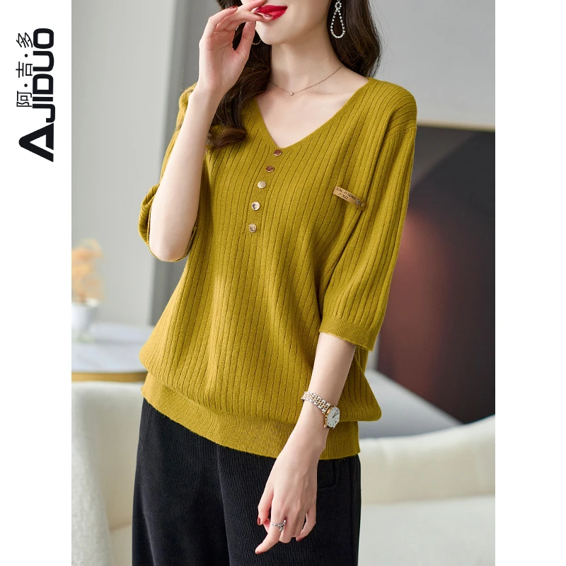 阿吉多短袖V领针织衫女夏2024新款妈妈韩系气质温柔chic别致上衣