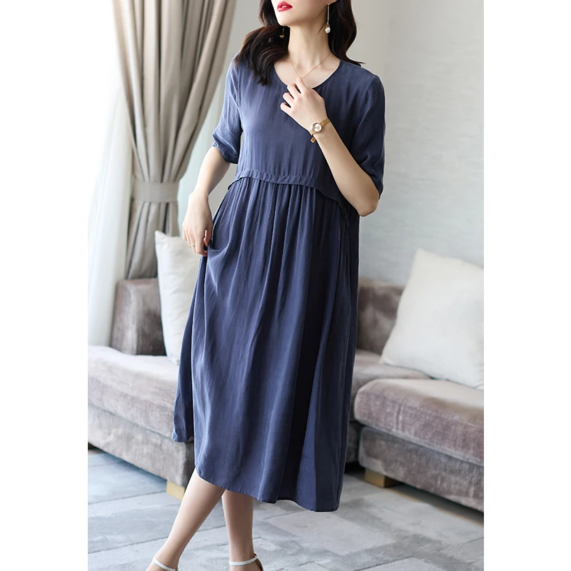 阿吉多蓝色连衣裙女夏2024新款高端气质名媛短袖时尚大码显瘦裙子