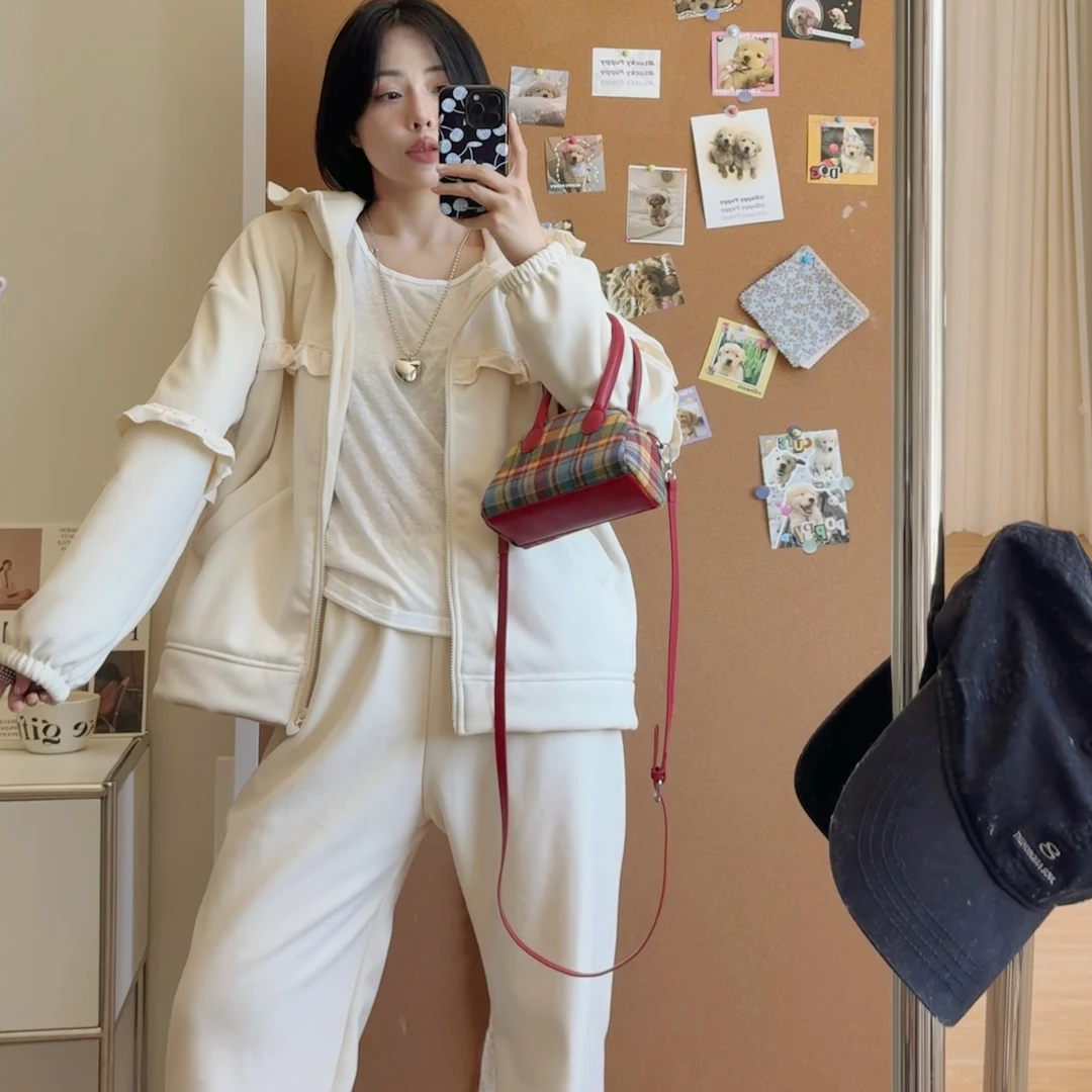 2024可爱宽松重工荷叶边褶皱连帽睡衣秋冬可外穿家居服睡衣套装