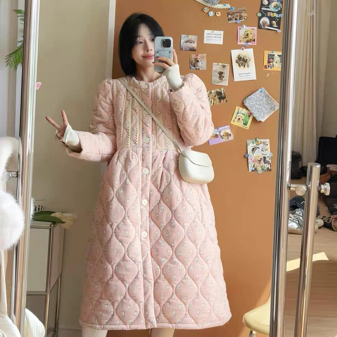 甜美可爱风长睡袍2024年新款三层加绒加厚夹棉袄可外穿睡衣家居服