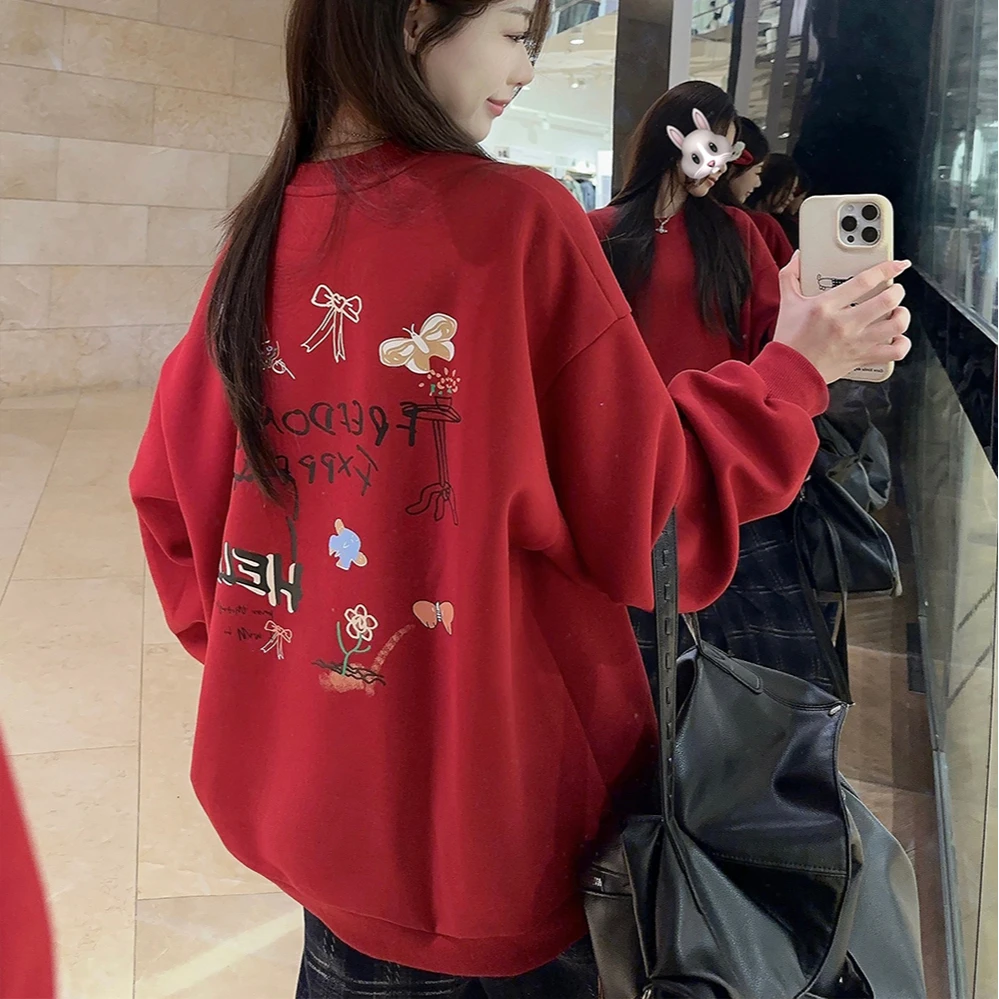 童趣涂鸦印花卫衣女秋冬加绒加厚宽松设计感减龄显瘦圆领休闲上衣