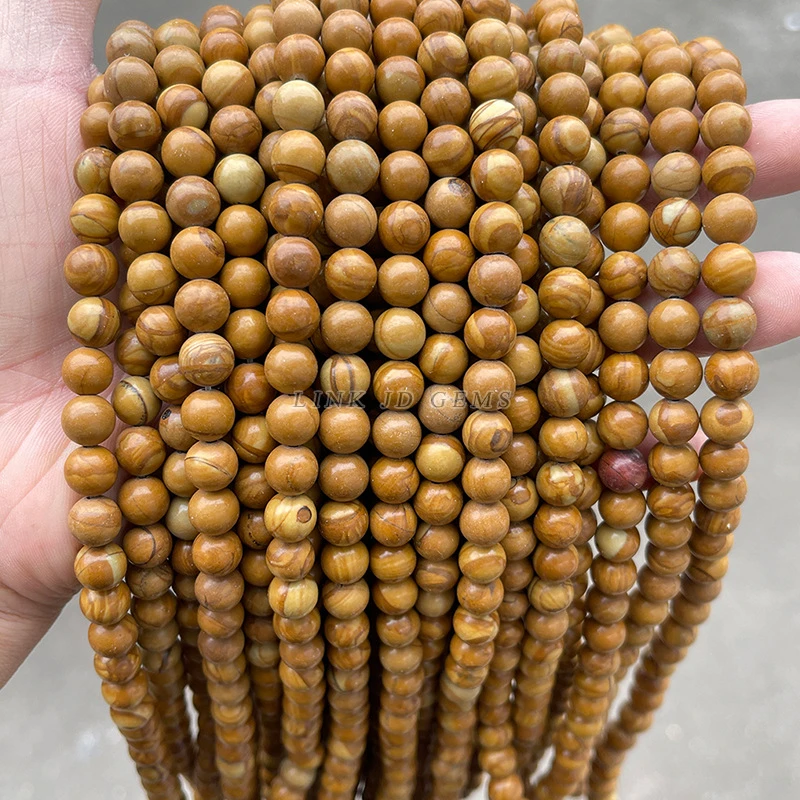 天然黄木纹石散珠圆珠手链串珠diy饰品配件珠子石英质玉石