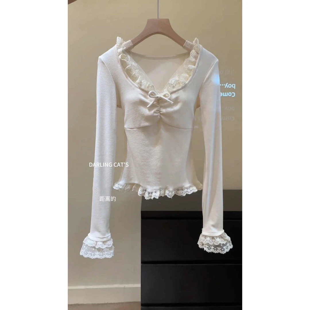 纯欲风内搭打底衫女2024新款秋冬高级感t恤短款蕾丝拼接长袖上衣