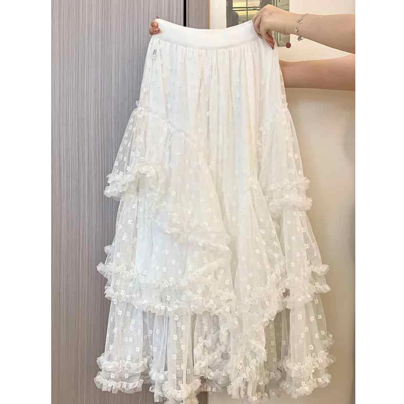 2024秋冬新款韩版时尚重工松紧腰蕾丝木耳边半身裙女甜美超仙长裙