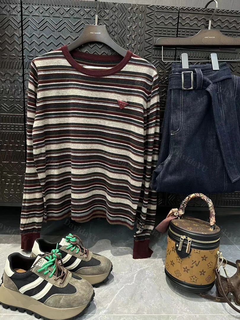 Davida Yu【撞色三角标】轻奢时尚百搭设计款条纹渐变开衫68855