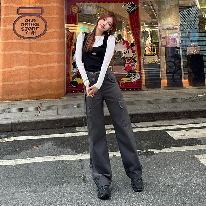 2025春新款休闲工装裤女美式辣妹显瘦宽松牛仔裤拖地裤insY2323