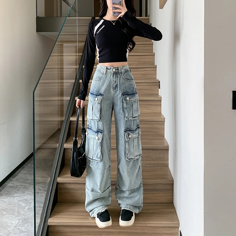 2026春款直筒牛仔工装裤女多口袋显瘦休闲宽松拖地裤Y1001