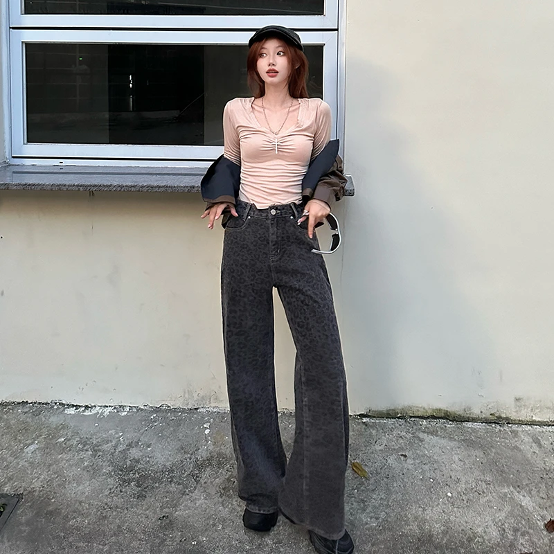 2025春款百搭时尚美式复古豹纹直筒牛仔裤女街头风辣妹显瘦Y1018