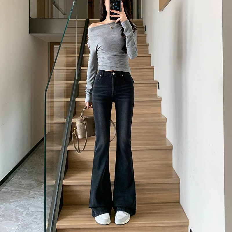 2025春款复古修身拖地牛仔裤女美式高街辣妹高腰显瘦喇叭裤Y1002