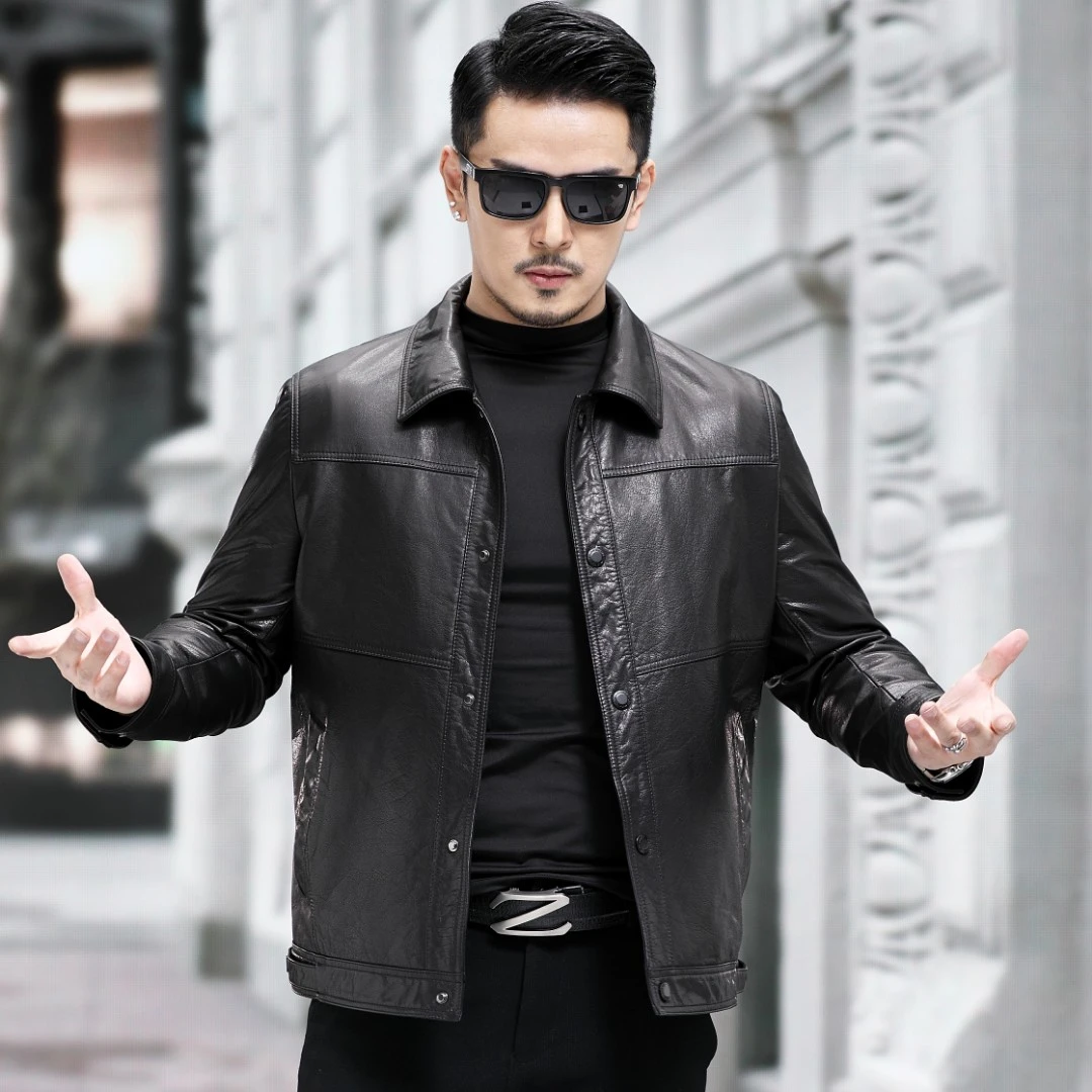 【丹宸】92005新款男士真皮皮衣油蜡小牛皮翻领休闲外套春秋时尚