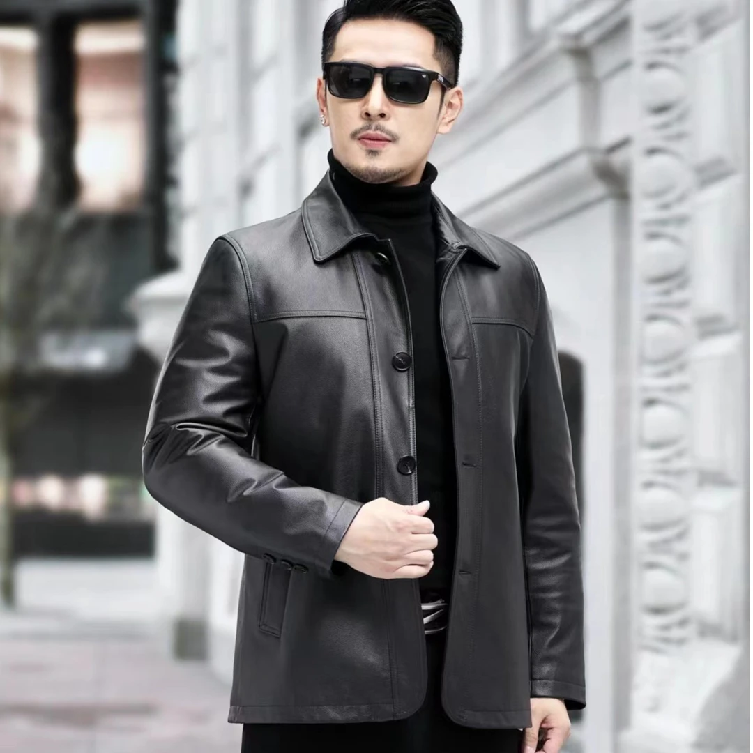 【丹宸】92011男士头层牛皮羊毛领纽扣款内胆加厚羽绒 可脱卸外套