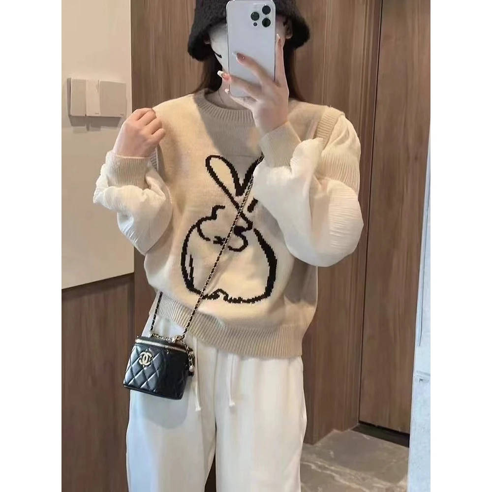 兔子拼接假两件毛衣女春秋设计感小众宽松短款针织衫泡泡长袖上衣