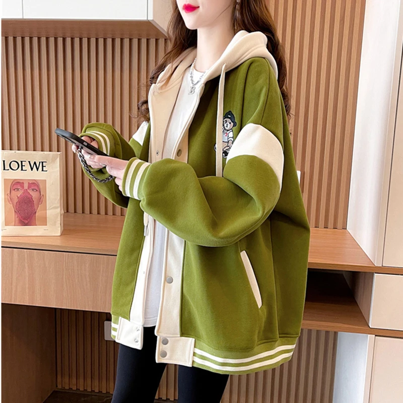 初高中女学生大童外衣春秋冬新爆薄款加绒宽松连帽开衫棒球服外套