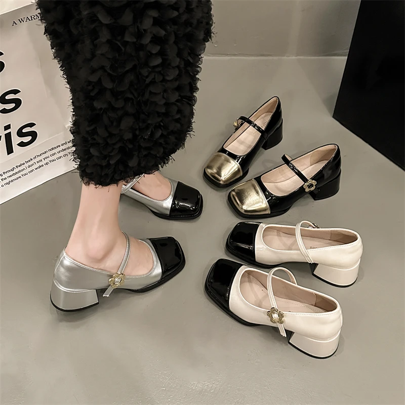 浅口玛丽珍鞋2024年春季法式时尚拼色粗跟舒适高跟鞋中跟单鞋女鞋