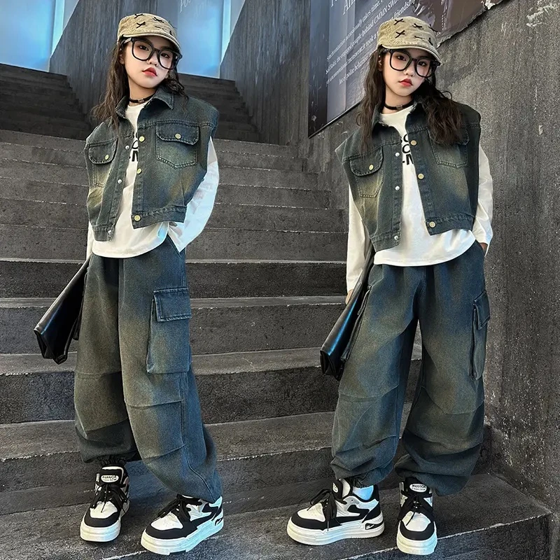 女童牛仔套装2024秋季新款女大童韩版时尚马甲牛仔工装裤三件套潮