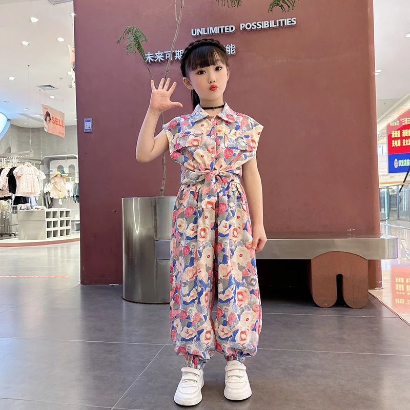 女童洋气雪纺无袖衬衫套装2023夏季新款网红儿童薄款防蚊裤两件套