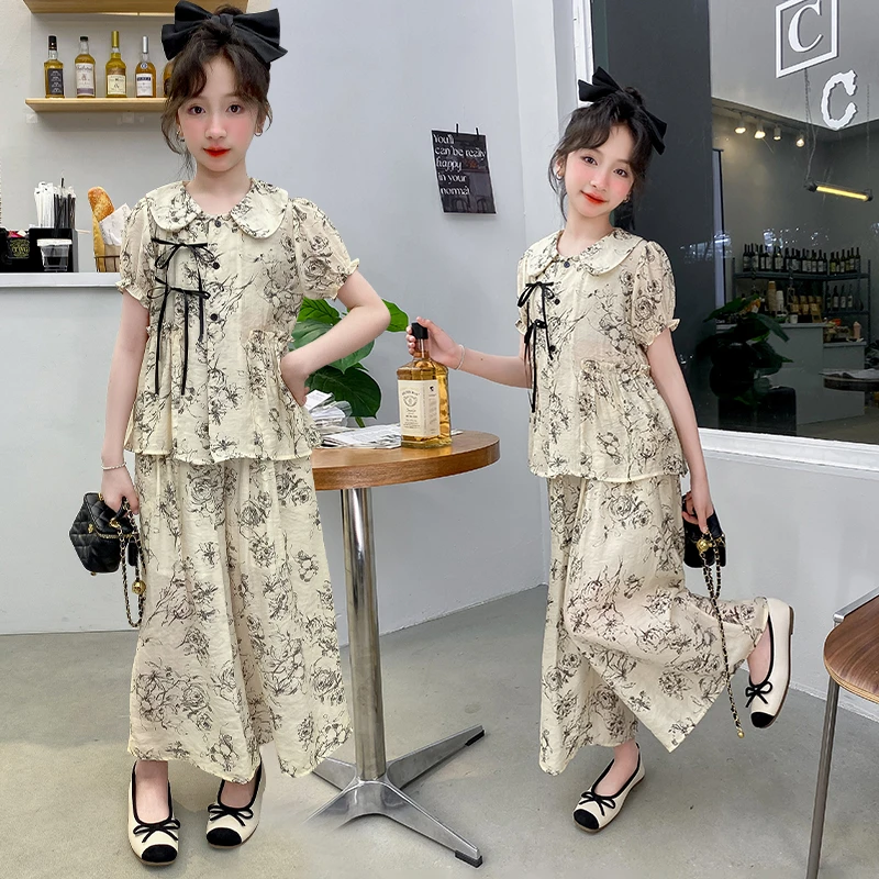 女童新中式复古套装2024新款儿童夏季洋气水墨画衬衫阔腿裤两件套