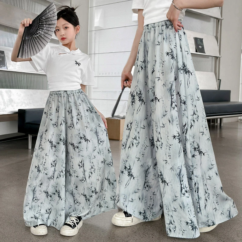 女童裤子夏季薄款洋气6-12岁15岁中大儿童2024新款国风水墨画裤裙