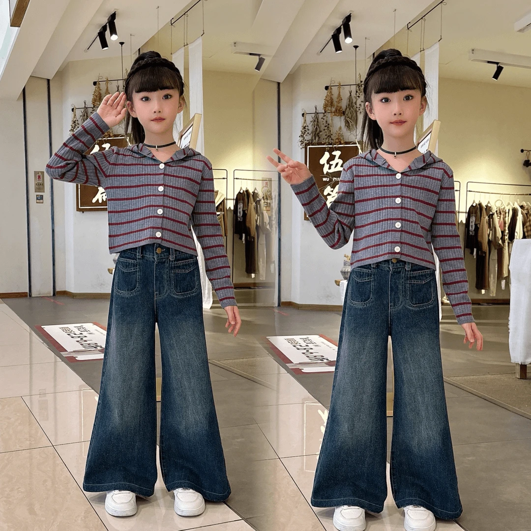 女童秋装套装2024新款儿童洋气时髦条纹毛衣秋季牛仔阔腿裤两件套