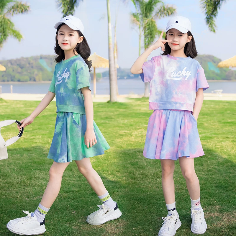 女童网红套装夏装2025新款洋气中大童扎染时尚炸街公主裙子两件套