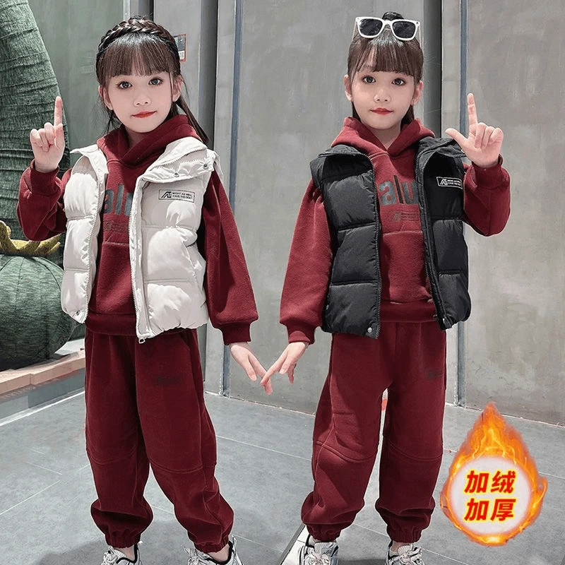 女童冬季套装2024新款洋气网红儿童秋冬中大童加绒加厚卫衣三件套