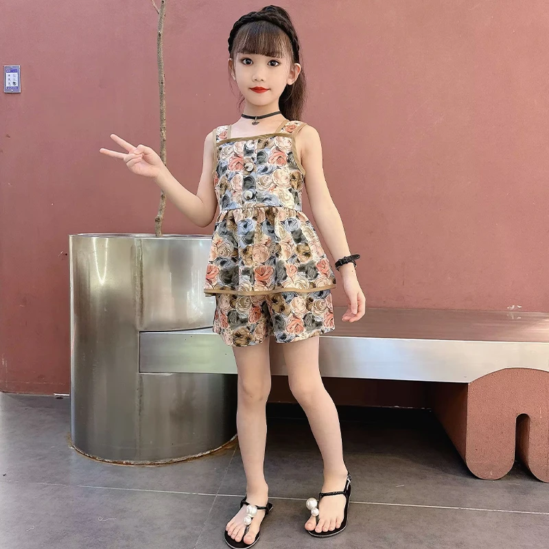 女童夏装套装儿童洋气时髦无袖雪纺吊带两件套女孩夏季薄款两件套
