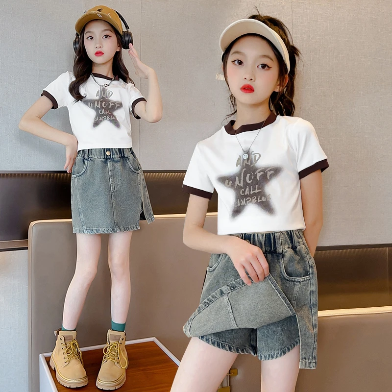 女童夏季网红套装2025新款6-12岁儿童洋气潮酷小女孩韩范牛仔裤裙