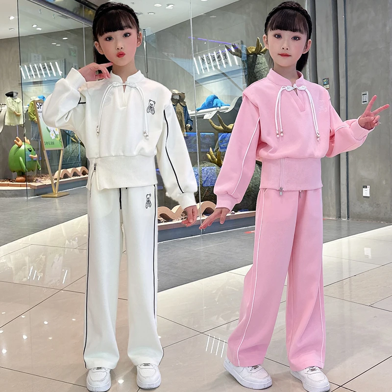 女童新中式盘扣套装春秋款2024新款中大童洋气休闲卫衣运动两件套