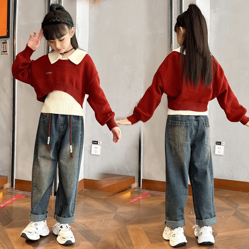 女童毛衣套装春秋冬2024新款6-12岁15岁中大童针织衫牛仔裤三件套