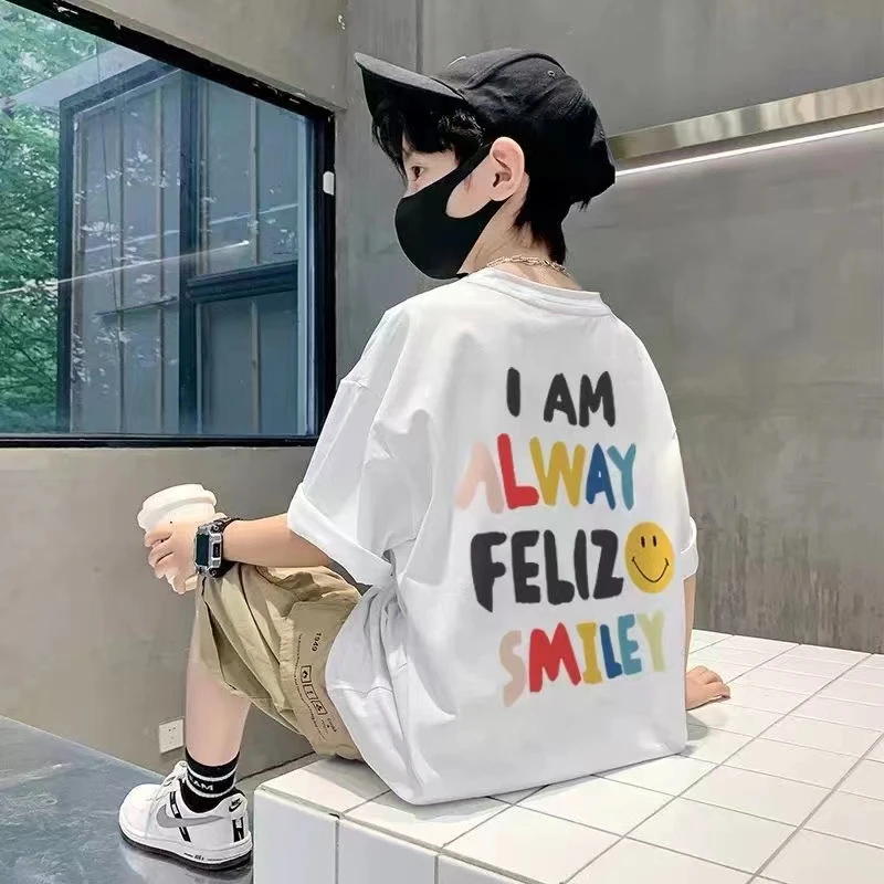 萌娃夏季穿搭 短袖夏季新款中大童圆领韩版洋气男孩字母印花棉T恤