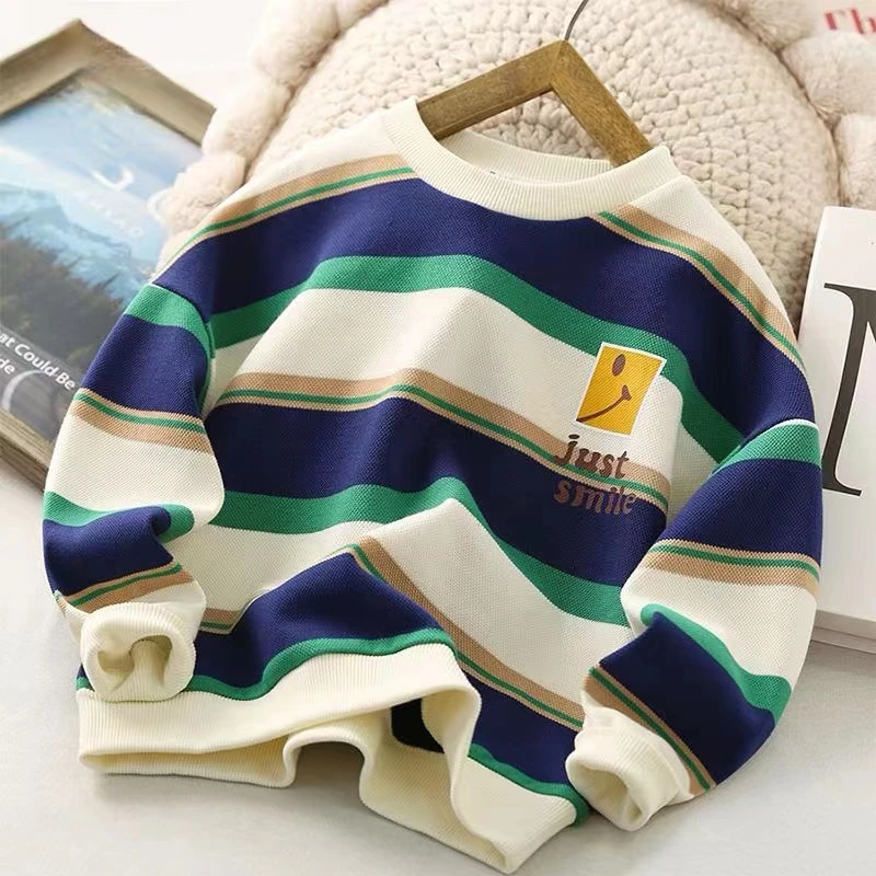 中大童卫衣春秋新款男童条纹百搭男孩圆领长袖爆款