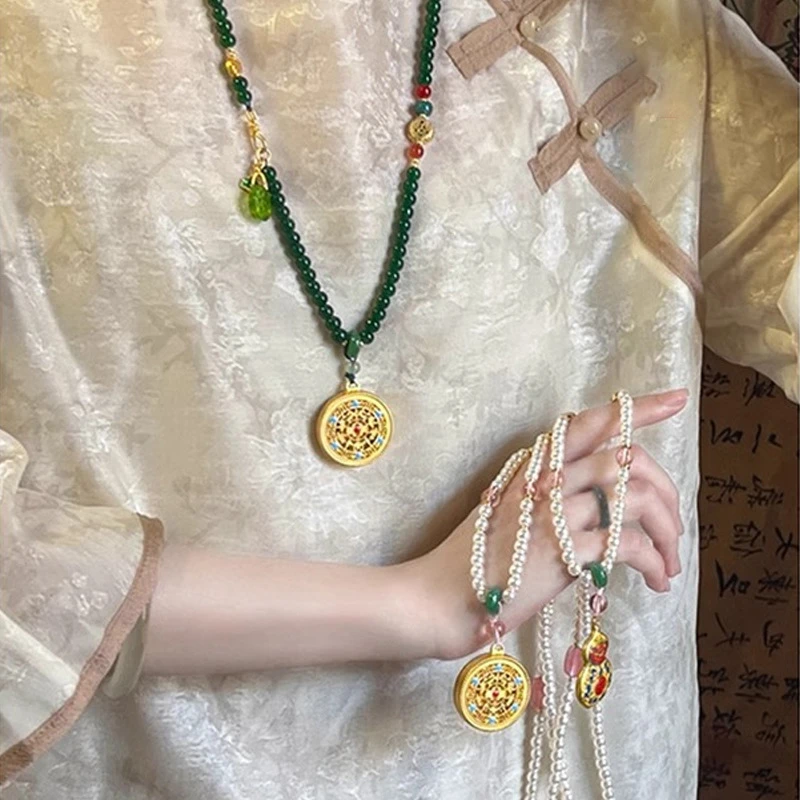 合金项链 新中式复古圆牌串珠项链女马面裙汉服旗袍毛衣链项链女