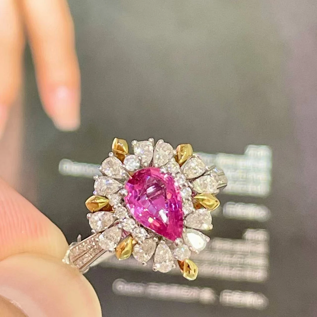 天然无烧帕帕拉恰1.08ct18k金镶钻戒指女彩色宝石珠宝首饰