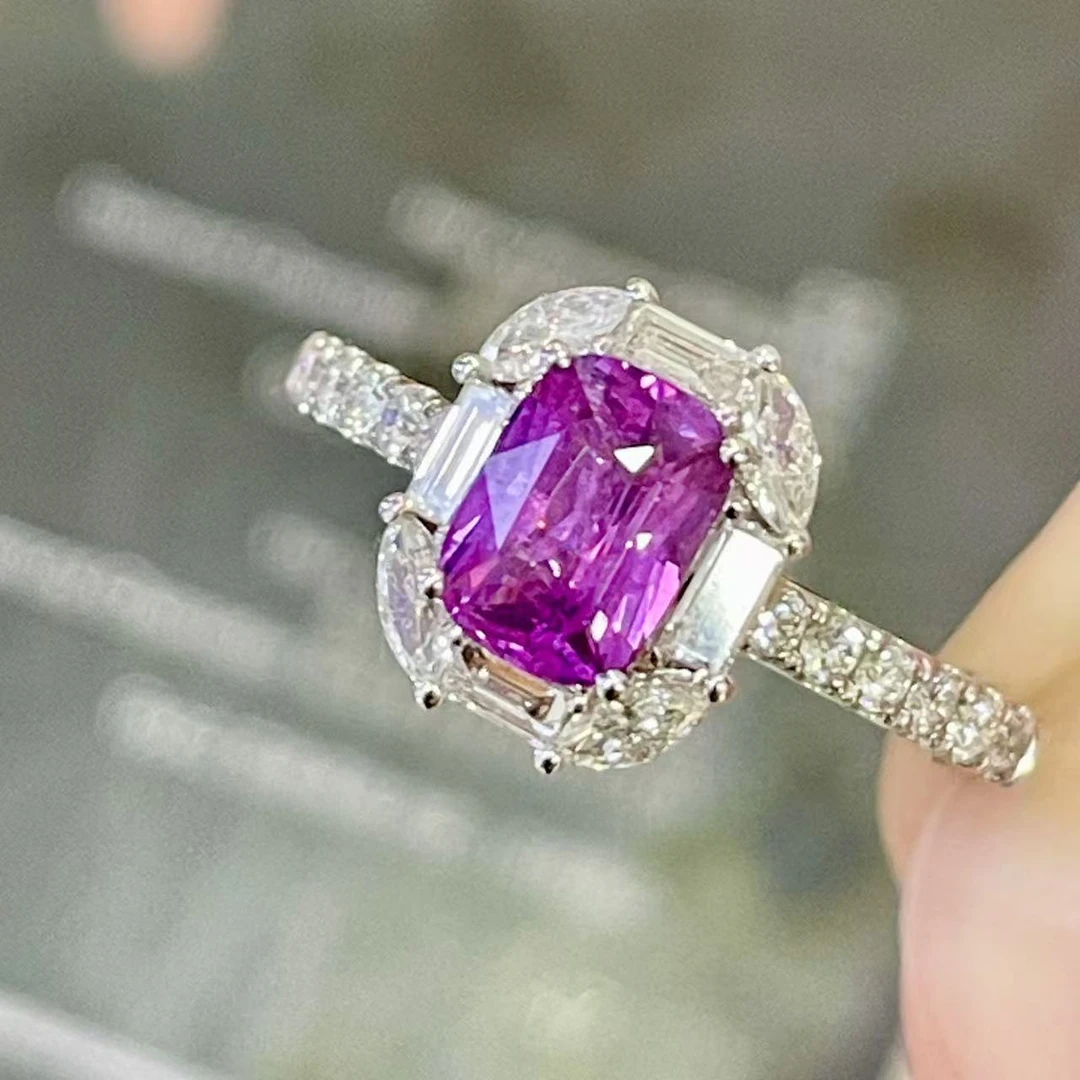 天然无烧紫蓝宝1.06ct完美切18k金镶钻戒指女彩色宝石珠宝首饰