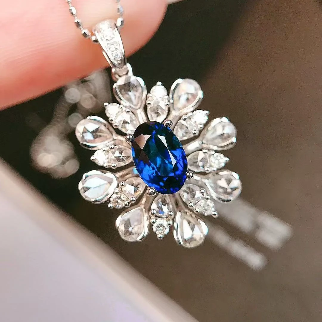 无烧皇家蓝宝石1.29ct斯里兰卡18k金镶钻吊坠女彩色宝石珠宝首饰