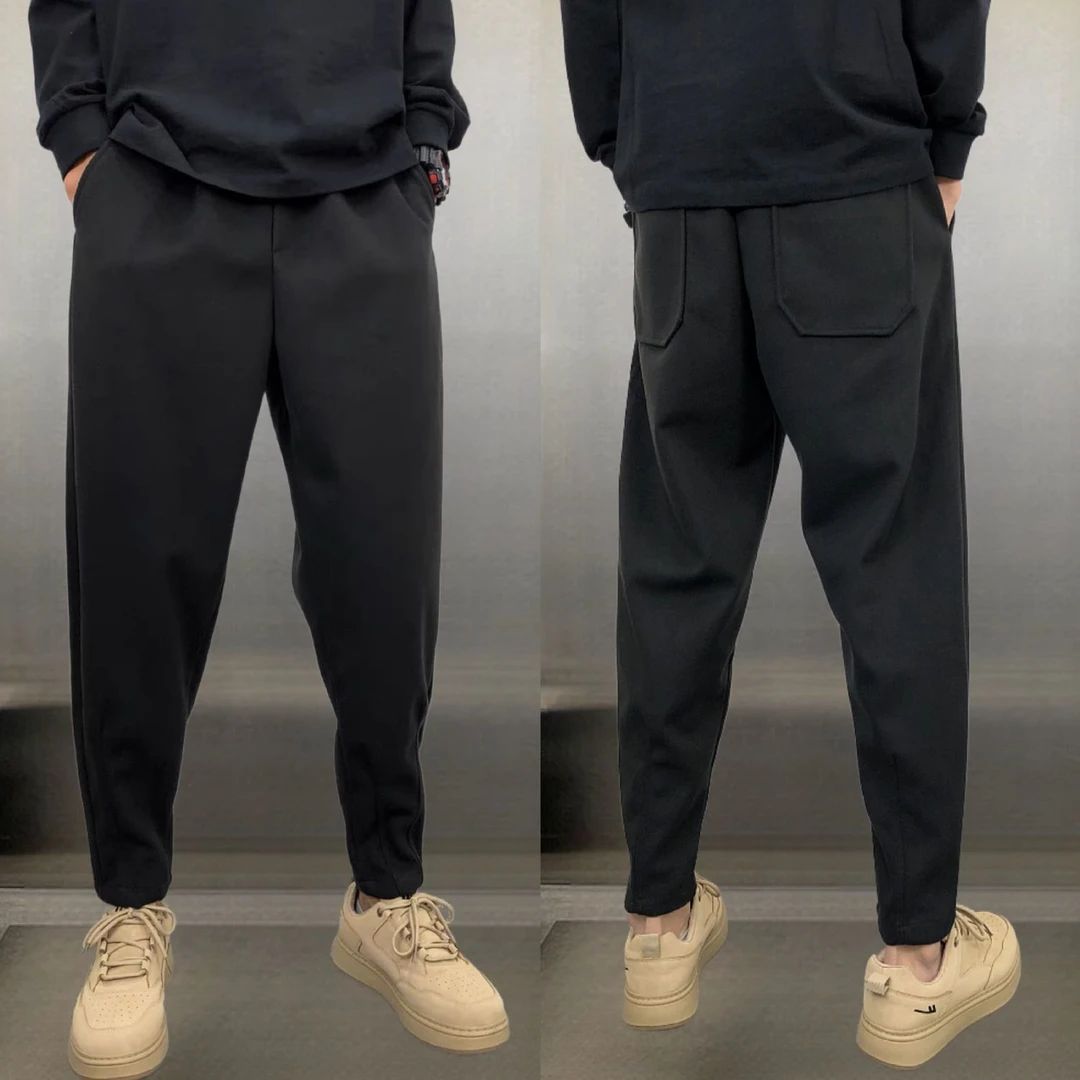 毛呢西裤秋冬休闲裤直筒哈伦九分裤宽松阔腿裤痞帅高级感黑色裤子