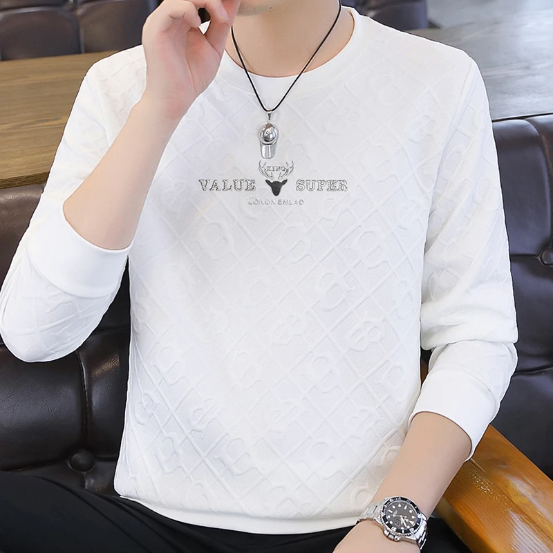 长袖t恤男款卫衣圆领男士纯色新款提花烫钻春秋季韩版休闲百搭潮