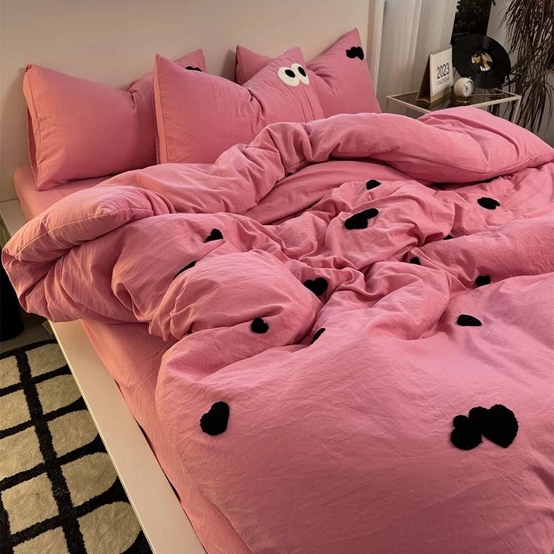 被套四件套毛巾绣粉色被罩单人床公主风宿舍床单三件套非全棉纯棉