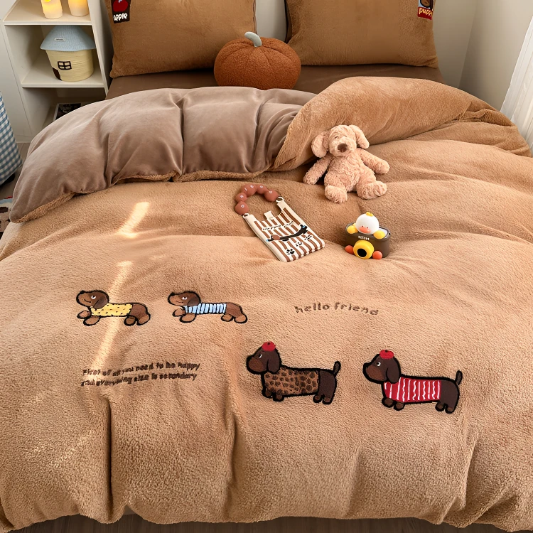 羊羔绒牛奶绒毛巾绣床上四件套加厚保暖绒被套珊瑚绒床单人被罩三