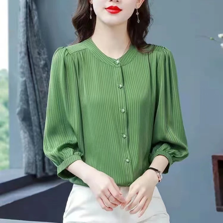 9916薄荷曼波条纹宽松上衣泡泡袖夏季新款七分袖遮肚子大码衬衣