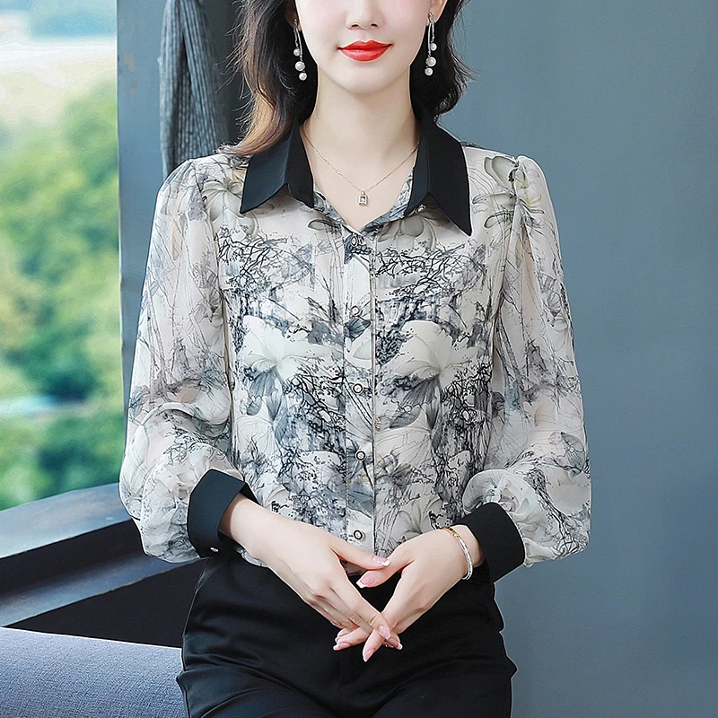 L056水墨画衬衣宽松时尚气质百搭洋气小清新遮肉简约长袖春秋衬衫
