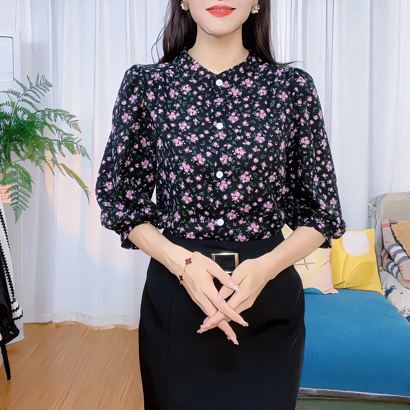 2024夏季新款碎花衬衫外穿民族风时尚超仙气质遮肚子七分袖上衣