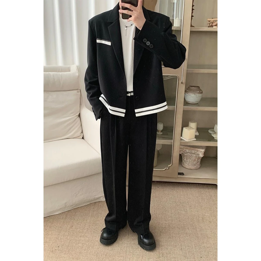 阿茶与阿古设计感拼接西装套装男设计短款西服外套拖地西裤C2263