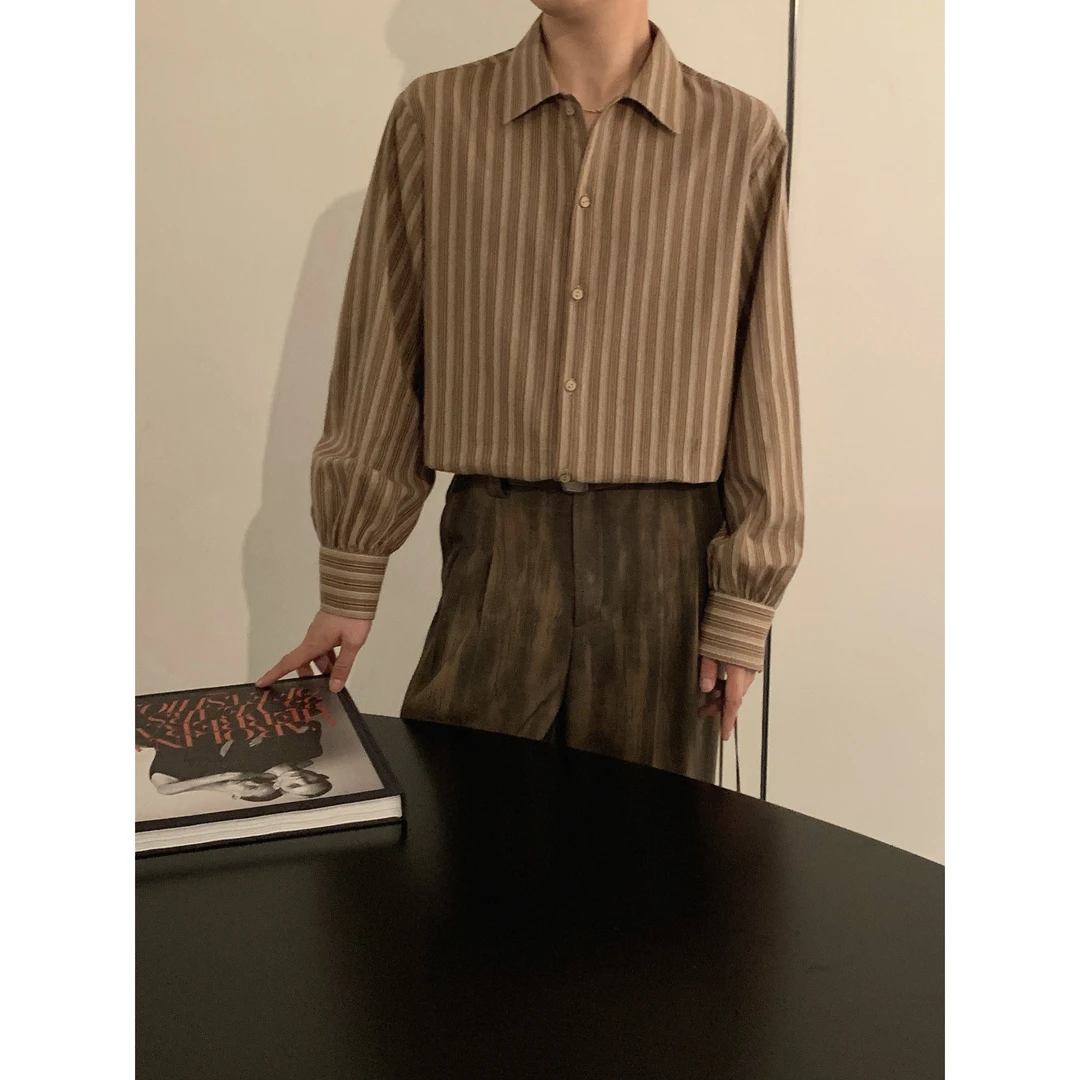 复古咖啡条纹衬衫男款春秋韩版痞帅宽松衬衣A2409113