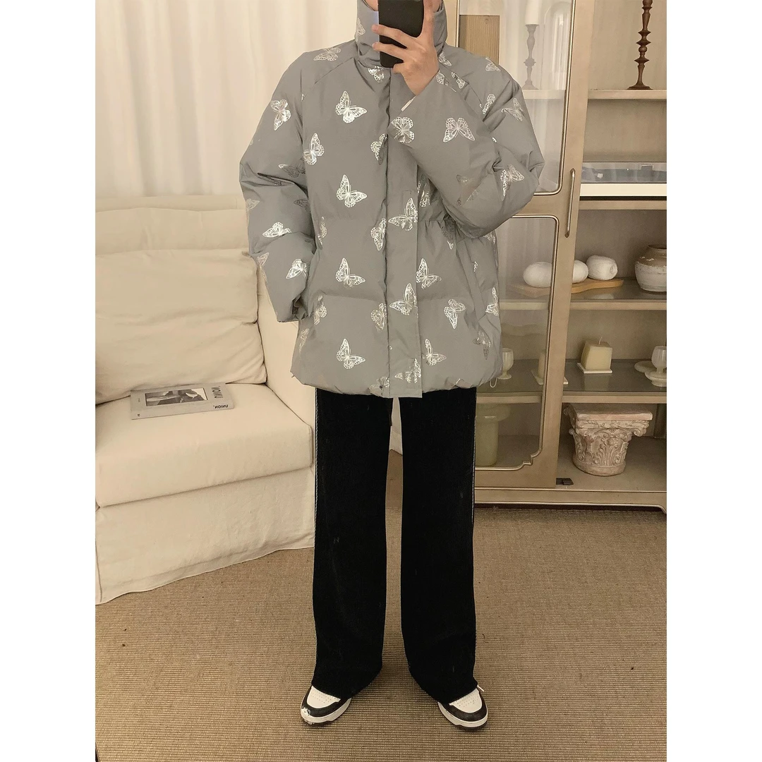 阿茶与阿古蝴蝶反光棉服男冬季外套加厚潮牌休闲情侣棉衣2211338