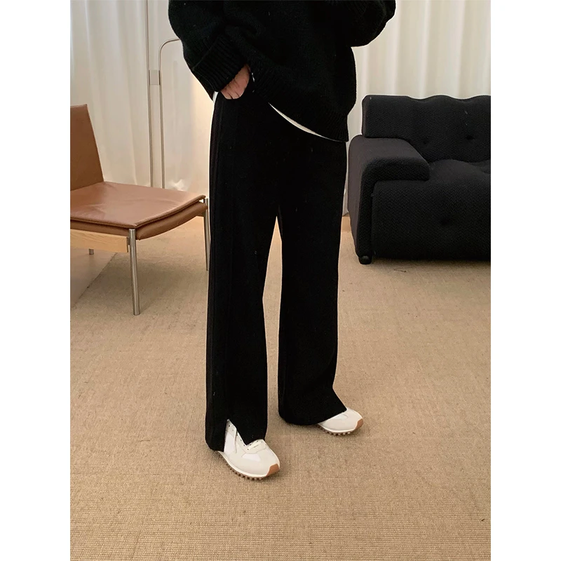 阿茶与阿古黑色直筒加绒裤子男冬季新款宽松开叉休闲长裤A2312102