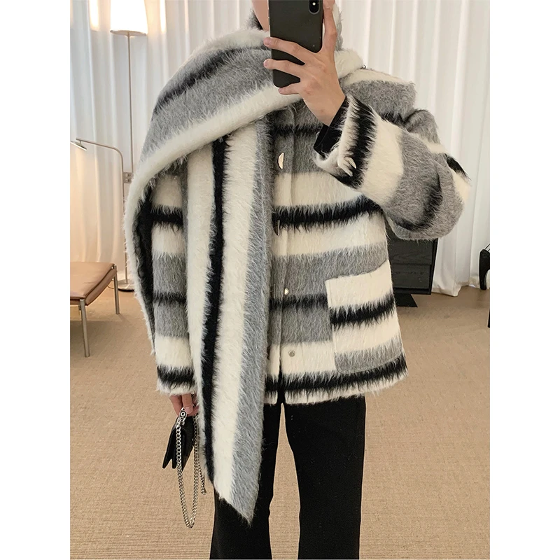 阿茶与阿古条纹围巾拉毛外套男秋冬新款休闲宽松夹克上衣A2310316