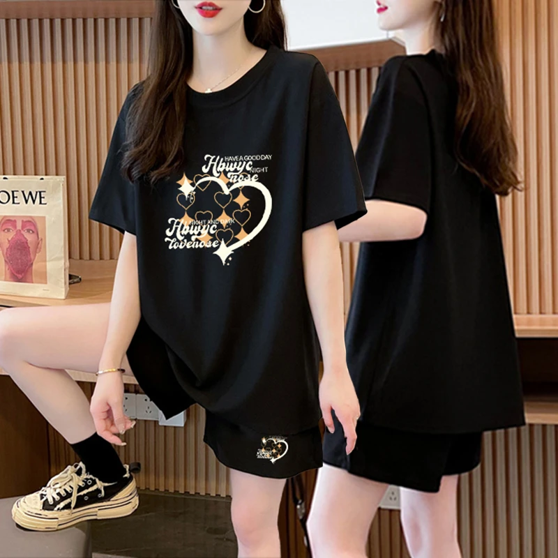 减龄夏季纯棉休闲运动套装女2025新款韩版洋气宽松短袖短裤两件套